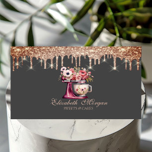 Red Mixer Flowers Rose Gold Drips Bakery  Business Card