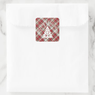 Red, Mocha & Cream Plaid - Merry Christmas + Tree Square Sticker