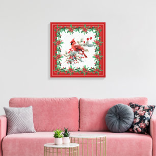 Red Mockingbird Poinsettia Borders Elegant Canvas Print