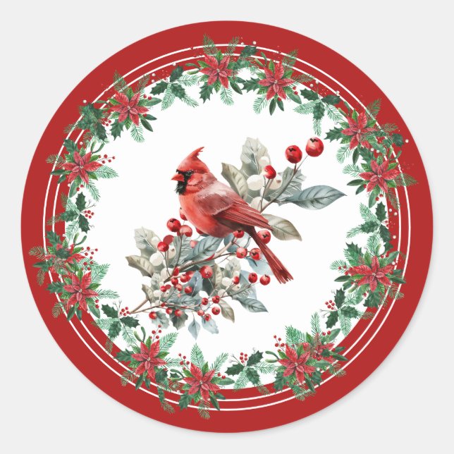 Red Mockingbird Poinsettia Borders Elegant Classic Round Sticker (Front)