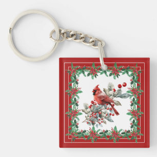 Red Mockingbird Poinsettia Borders Elegant Keychain