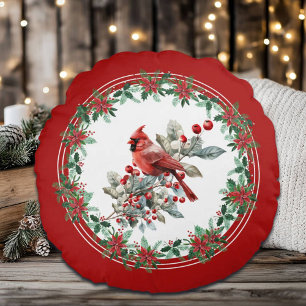 Red Mockingbird Poinsettia Borders Elegant Round Pillow