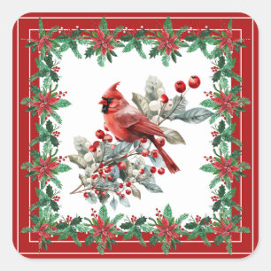 Red Mockingbird Poinsettia Borders Elegant Square Sticker