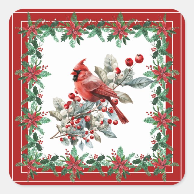 Red Mockingbird Poinsettia Borders Elegant Square Sticker (Front)