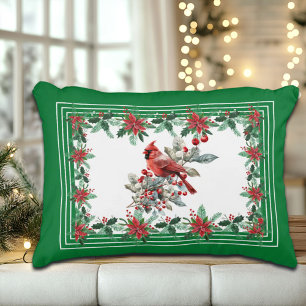 Red Mockingbird Poinsettia Borders Green Accent Pillow