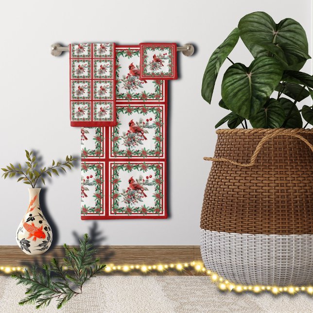 Red Mockingbird Poinsettia Borders Red Bath Towel Set (Creator Uploaded)