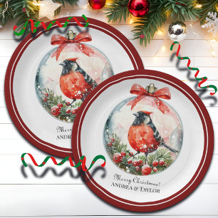 Red Mockingbird Winter Landscape Paper Plate