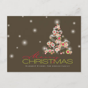 Red Mod Circles Glowing Merry Christmas Tree Holiday Postcard