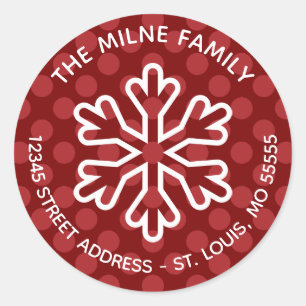 Red Mod Dots Snowflake - Circle Return Address Classic Round Sticker
