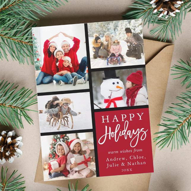 Red Modern 5 Photo Collage Christmas Holiday Card (Creator Uploaded)