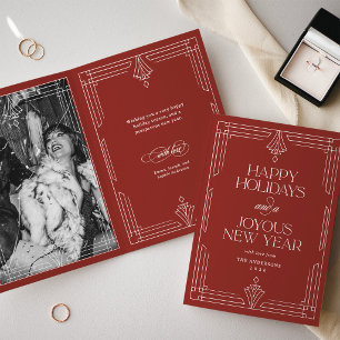 Red Modern Art Deco Happy Holidays   Photo Holiday Card