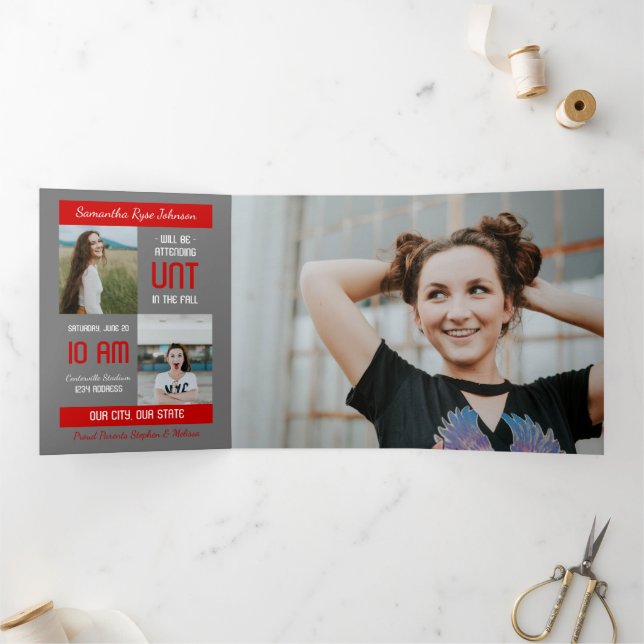 Red Modern Block 5-Photo Graduation Tri-Fold Invitation (Inside)