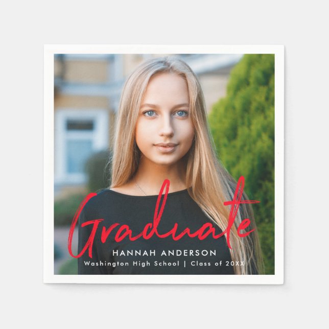 Red | Modern Brush Script Photo Graduation Napkin (Front)