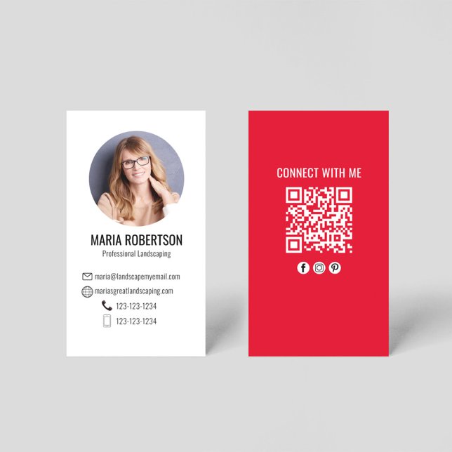 Red Modern Business Photo QR Code Business Card (Modern photo business card template with a scannable QR Code.)