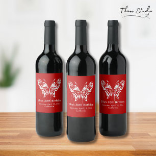 Red Modern Butterfly Birthday Customisable Text Wine Label