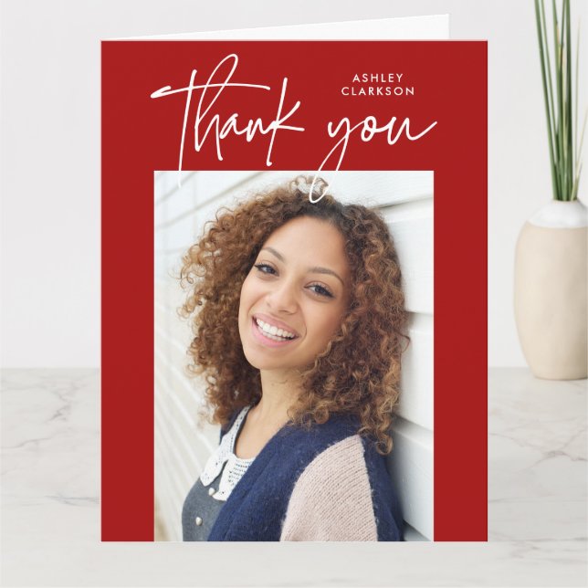 Red Modern Calligraphy Photo Graduation Folded Thank You Card (Front)