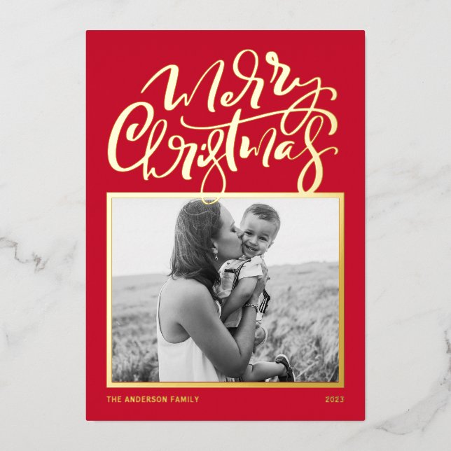 Red Modern Calligraphy Photo Merry Christmas Foil Holiday Card (Front)