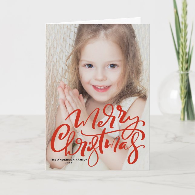 Red Modern Calligraphy Photo Merry Christmas Holiday Card (Front)