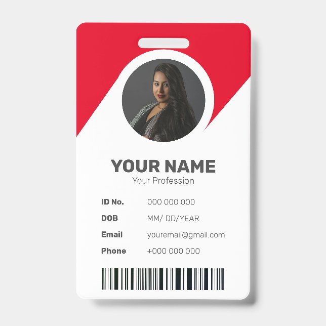 Red Modern Chic Minimal ID Barcode Employee Photo Badge (Front)