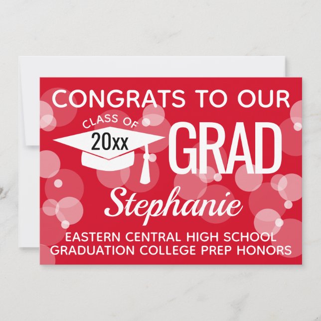 Red Modern Confetti Bokeh Bubbles Graduation Invitation (Front)