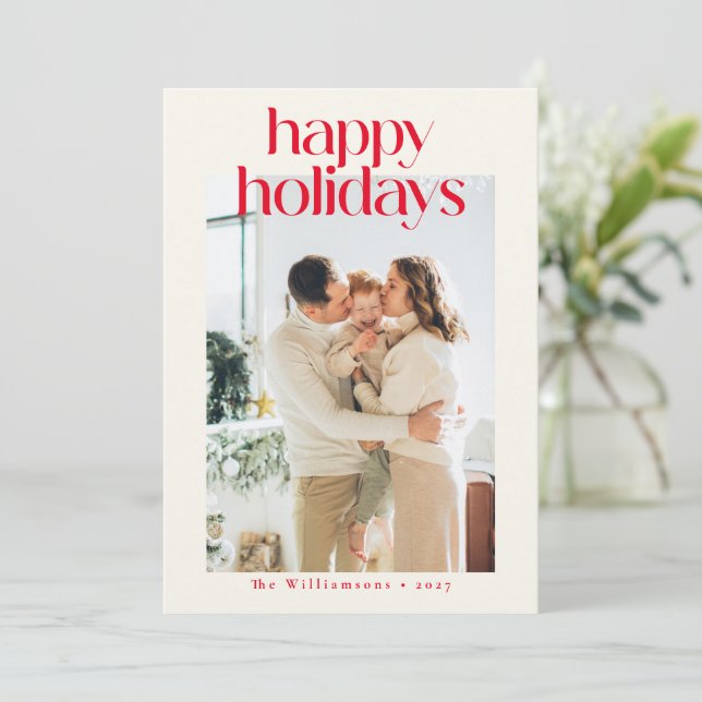 Red Modern Custom Photo Happy Christmas Minimalist Holiday Card (Standing Front)