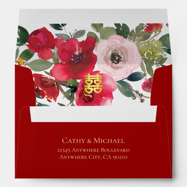 Red modern double happiness Chinese wedding floral Envelope (Back (Bottom))