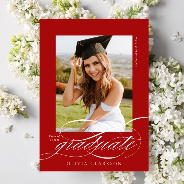 Red Modern Elegant Script Photo Graduation Announcement (Creator Uploaded)