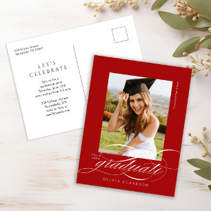 Red Modern Elegant Script Photo Graduation Party Postcard