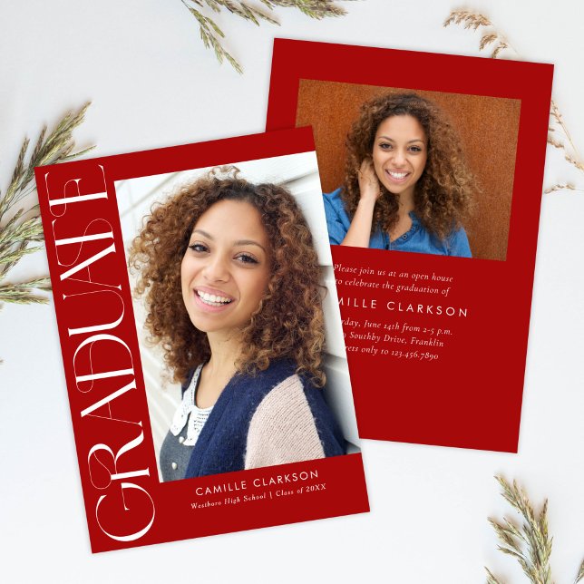 Red Modern Elegant Vertical Two Photo Graduation Invitation (Creator Uploaded)