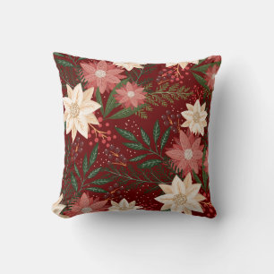 Red Modern Festive Christmas Poinsettia Holiday Throw Pillow