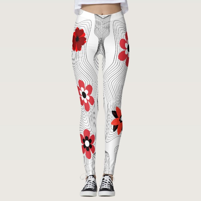 Red Modern Flowers Leggings (Front)