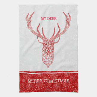 Red Modern Geometric Christmas Deer Kitchen Towel