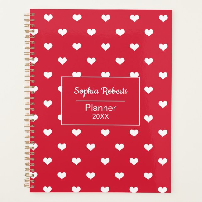 Red modern hearts pattern personalized planner (Front)