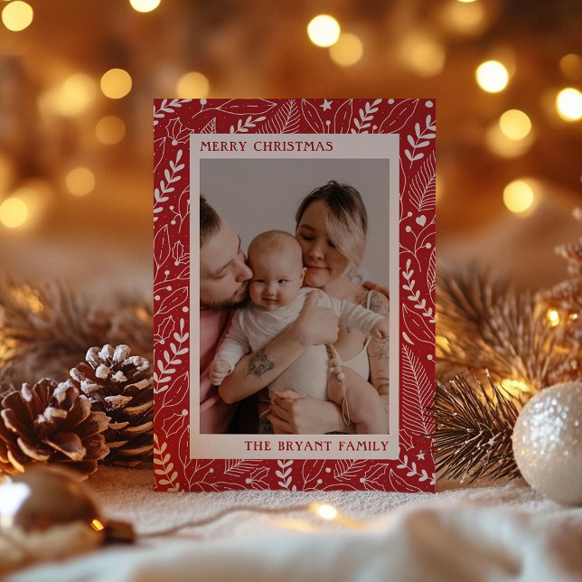 Red Modern Holly and Leaves Artwork Frame Holiday Card (Creator Uploaded)