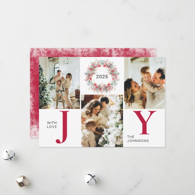 Red Modern Holly Berries 3 Photo Joy Christmas Holiday Card (Front/Back In Situ)