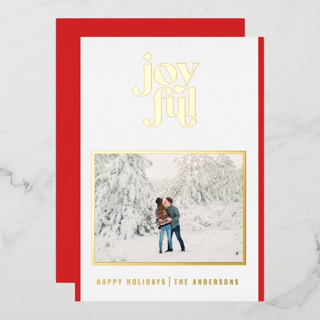 Red modern joyful 1 photo  foil holiday card (Front/Back)