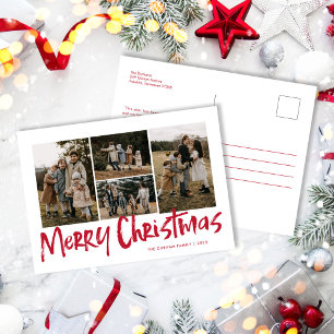 Red Modern Lettering Five Photo Merry Christmas  Holiday Postcard