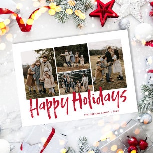 Red Modern Lettering Four Photo Happy Holiday Card