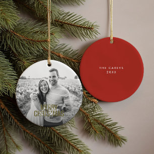 Red Modern Merry Christmas Custom Photo Ceramic Ornament