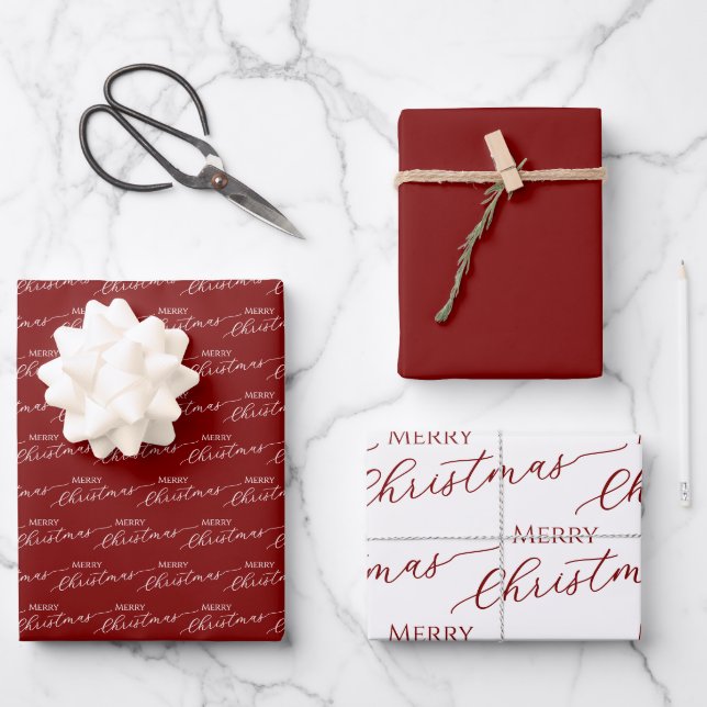 Red Modern Merry Christmas Wrapping Paper Sheet (Front)