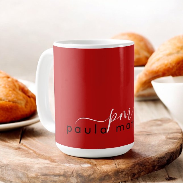 Red Modern Minimal Custom Monogram and Name Coffee Mug (Creator Uploaded)