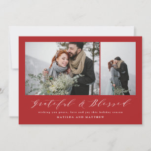 Red modern minimal grateful and blessed Christmas Holiday Card
