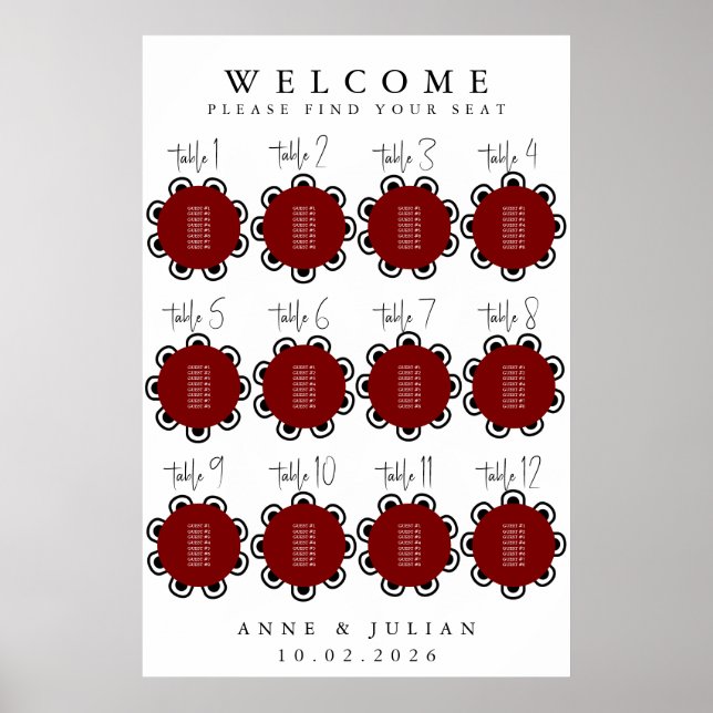 Red Modern Minimal Wedding Seating Chart Poster (Front)