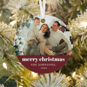 Red Modern Minimalist Merry Christmas Family Photo Metal Ornament