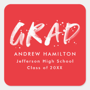 Red Modern Paint Splatter Graduation Square Sticker