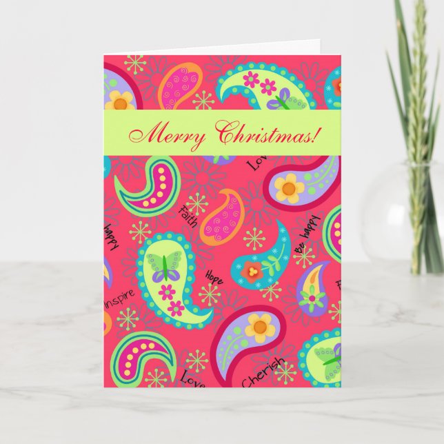 Red Modern Paisley Pattern Merry Christmas Holiday Card (Front)