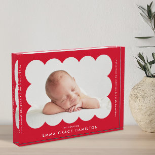 Red Modern Scalloped Birth Announcement Photo Block