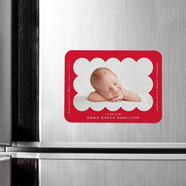 Red Modern Scalloped Frame Birth Announcement Magnet (Creator Uploaded)