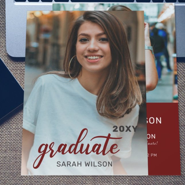 Red Modern Script Graduate Two Photos Drive By Inv Invitation (Creator Uploaded)