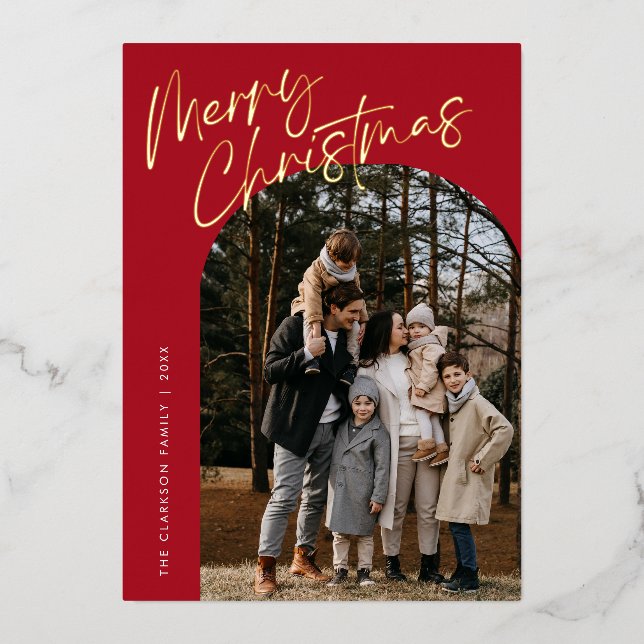 Red Modern Script Merry Christmas Arch 2 Photo Foil Holiday Card (Front)